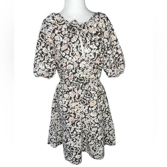 RAILS Cottagecore Ditsy Floral puff Sleeve Ruffle Hem Mini Dress Brown small - Picture 1 of 10